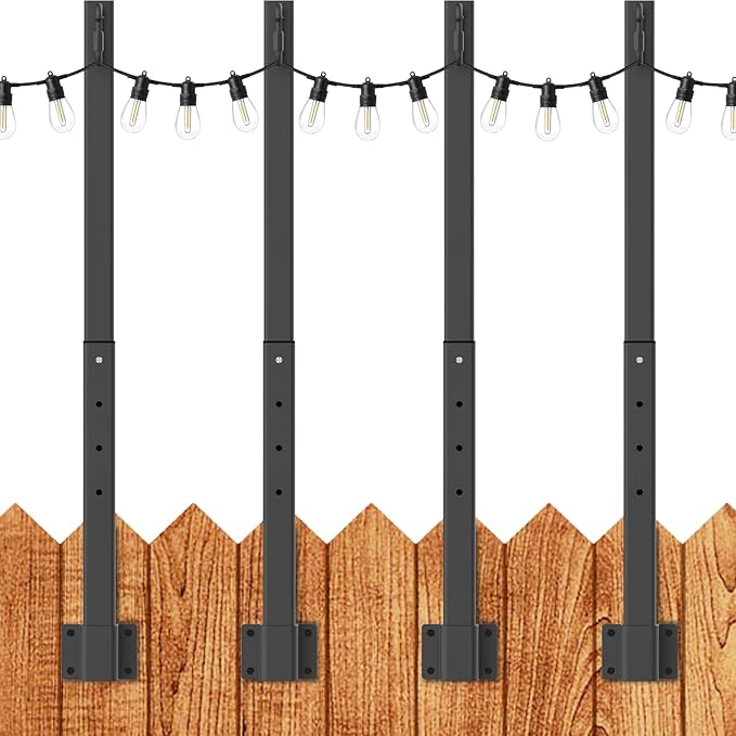 LETIANPAI 2.8Ft String Light Poles 4 Pack,Light Poles for Outside Lights,Outdoor with Fence Brackets Hanging Lights,Metal Stand Deck Patio Backyard