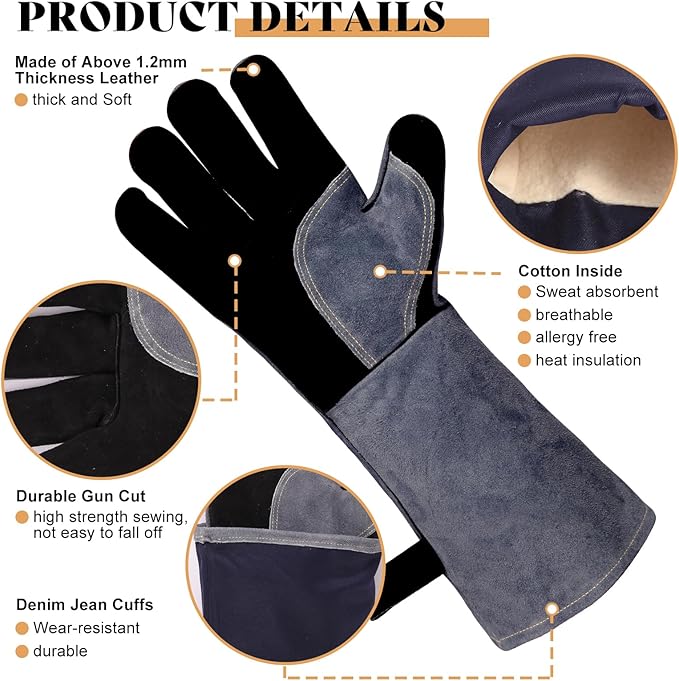 Leather Welding Gloves, 16inch 932℉ Heat/Fire Resistant, Wood Stove Gloves, Large Mitts for BBQ,Grill,Tig/Mig (Grey, M)