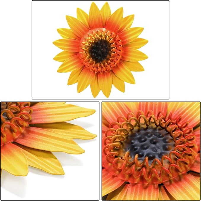 9 Pack Metal Sunflowers Wall Decor, Garden Flower Wall Art Decorations, Outdoor Butterfly Dragonfly Hanging Patio Decor, Yard Floral Fence Sculptures for Indoor Outside Living Room Bedroom