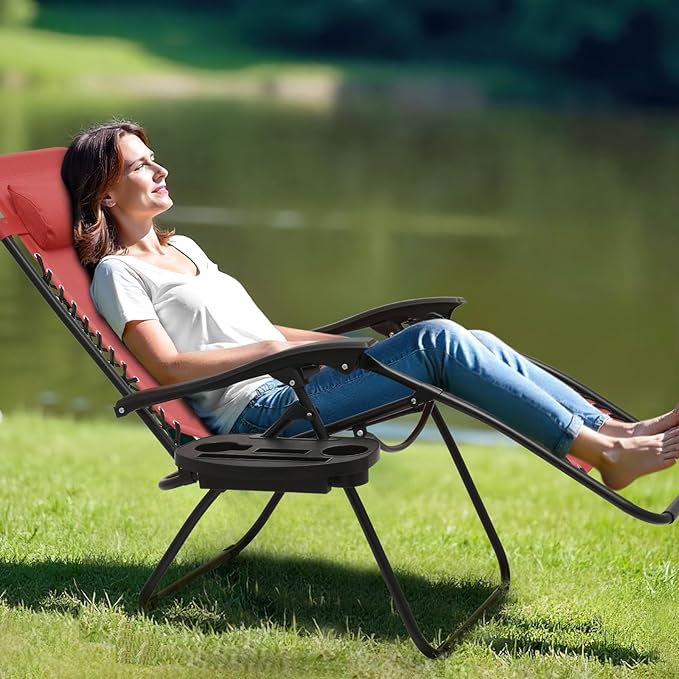 Athena Collection Zero Gravity Chair, Outdoor Lounge Chair with Adjustable Pillow and Cup Holder, Reclining Camping Chair for Outside Beach Lawn Garden Patio Poolside Set of 2- Maroon