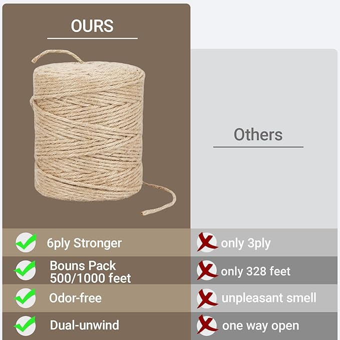 Natural Jute Twine Rope, 1000 Feet x 1/8 Inch, 6-Ply Heavy Duty for Crafts, Gardening, Gift Wrapping,Packing,Rustic Decor