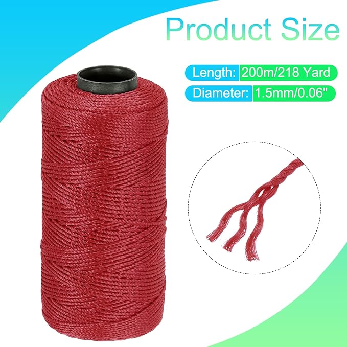 MECCANIXITY Nylon String 3 Strands Twisted Mason Line 1.5mm x 218 Yards Nylon Twine String for DIY Projects, Home Improvement, Gardening, Gift Wrapping, Christmas Party Supplies,Watermelon Red
