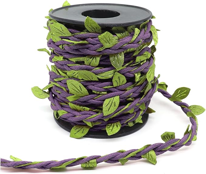 33ft Waxed Twine with Green Leaves, 3-ply Waxed Cord, Artificial Leaves Waxed String for Crafts and Decor (Dark Purple Waxed Twine)