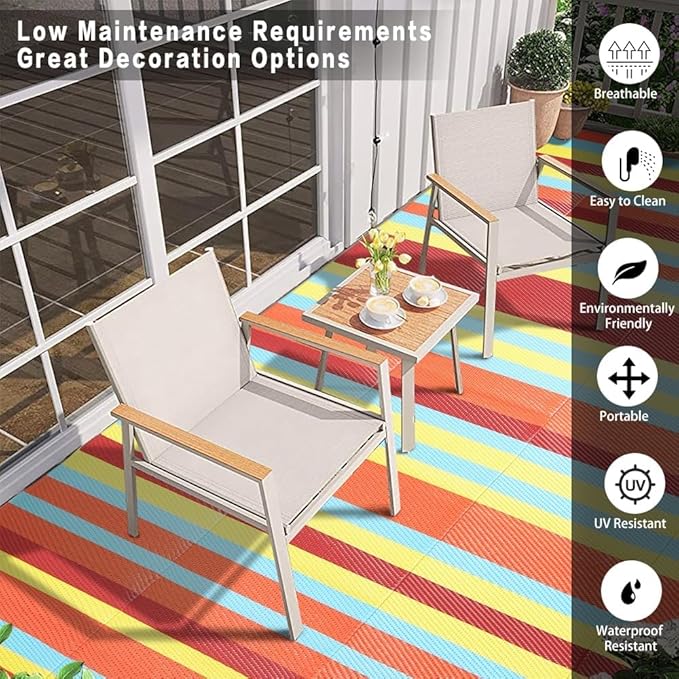 HUGEAR Outdoor Waterproof Rug 8'x10' Plastic Straw Rugs Washable Reversible Floor Mat Rainbow Stripe Carpet for Camping RV Deck Entryance Porch Picnic Balcony Beach Backyard