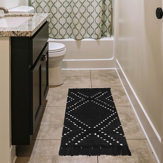 LIVEBOX Boho Black Bathroom Rug 2x3 Bath Mat, Washable Small Cotton Woven Throw Rugs, Moroccan Area Carpet with Tassel for Kitchen Sink Front Door Entryway