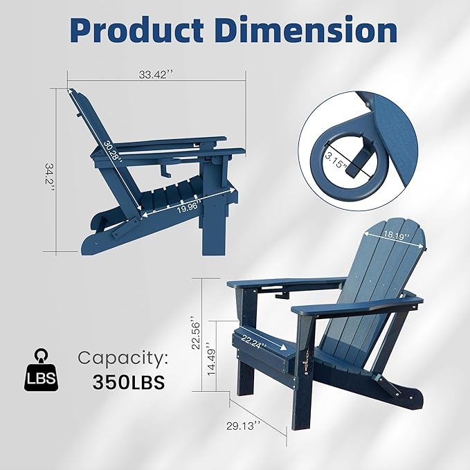 Domi Folding Adirondack Chairs Set of 8, HDPE All-Weather Outdoor Chairs with Cup Holder, Wooden Textured Fire Pit Chairs for Backyard, Patio, Poolside & Deck, Navy Blue