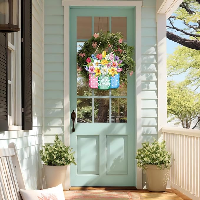 Spring Wreath for Front Door Sign Wall Signs Decoration,Flower Wreath Sign Hello Spring Welcome Hanging for Home Wall Decor Party Outdoor Indoor Supply Easter Decoration