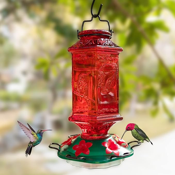 Hummingbird Feeder for Outdoors, Lantern Shaped Bottle, 6 Simulation Flowers Feeding Ports, 26 fl.oz, Hanging for Garden Yard, Rust Proof, Red(Ant Moat Included)