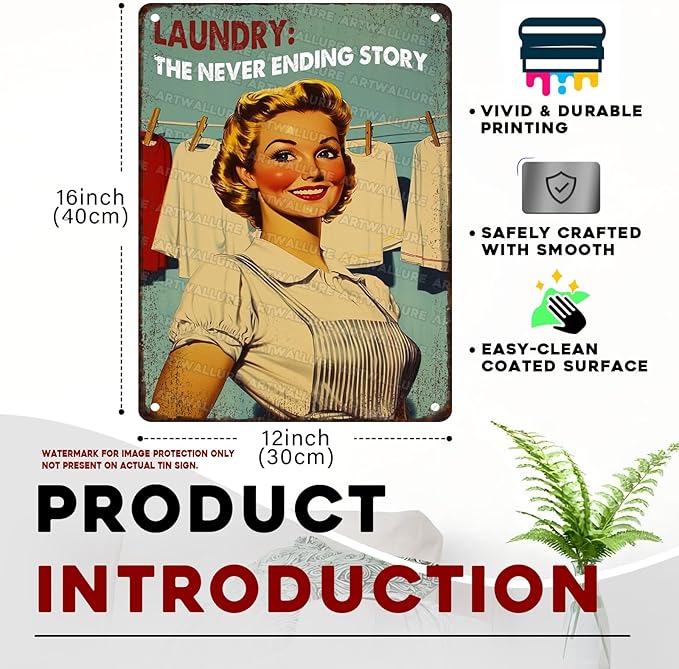 Laundry Room Vintage Sign Laundry The Never Ending Story Metal Sign Retro Woman Poster Funny Vintage Decor 12x16inch