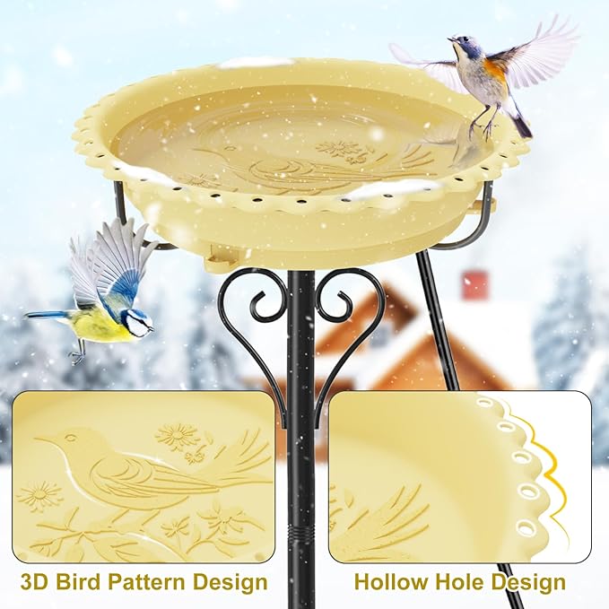 Heated Bird Bath for Outside Winter, Powerful 100W Thermostat Control Water Heated BirdBaths Bowl for Outdoors with 5-Prong Metal Base Heated Bird Bath for Garden Patio Yard Lawn (Beige)