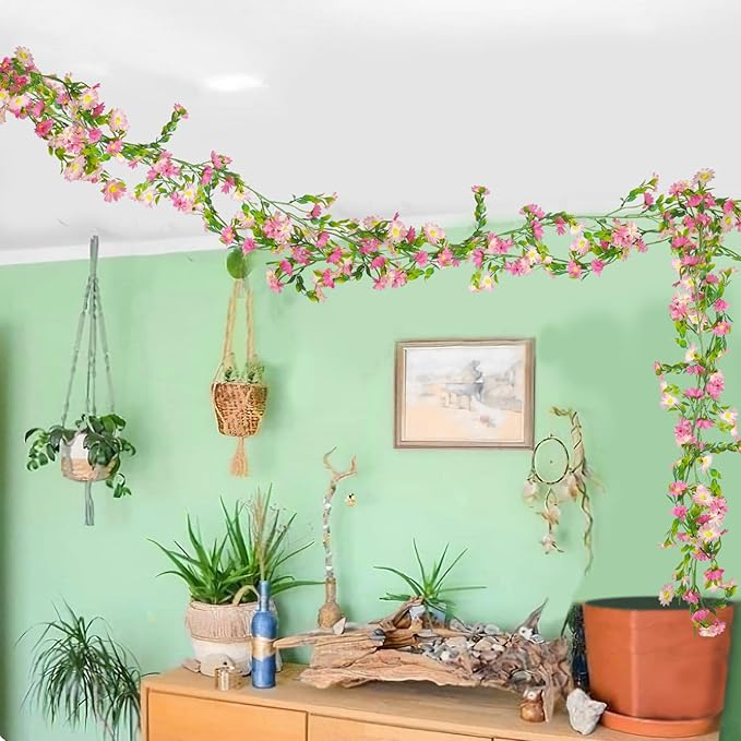 CISDUEO Artificial Daisy Flowers Vine Silk Wildflower Garland Spring Fake Flower Vine Hanging Ivy Pink Daisy Flowers Plastic Green Leaves for Mantle Wall Party Wedding Arch Floral Decor Indoor Outdoor