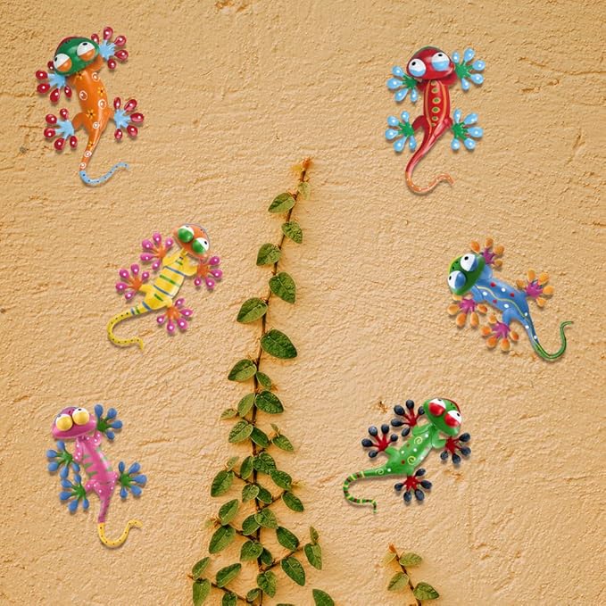 YEAHOME 6 Pack Metal Geckos Inspirational Wall Art, Mexican Outdoor Wall Decor with Shaking Head, Lizard Wall Sculptures & Statues for Farmhouse, Porch, Patio, Lawn, Fence