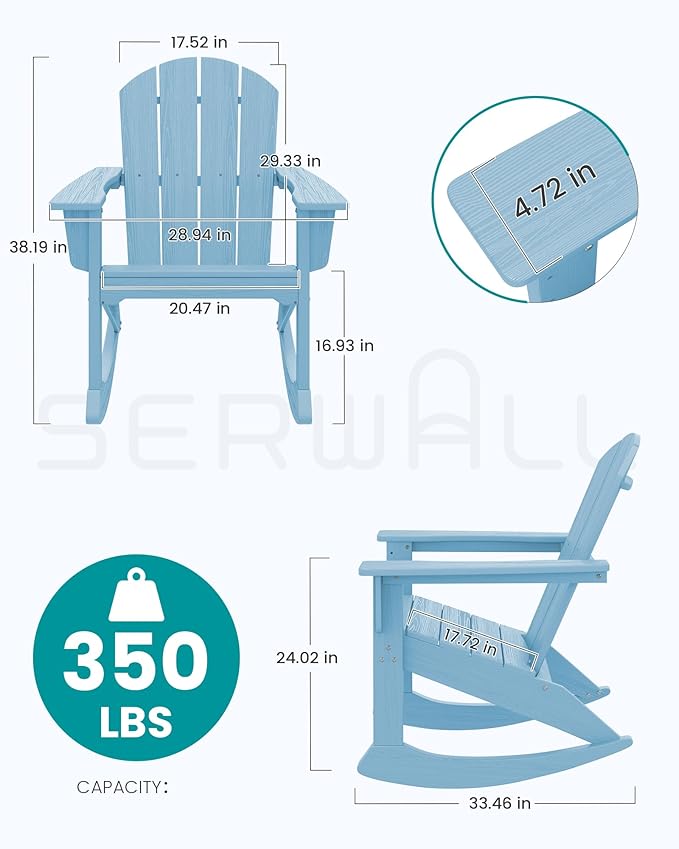 SERWALL Outdoor Adirondack Rocking Chairs Set of 2, All-Weather HDPE Adirondack Rocker Chairs, Front Porch Rocker Chairs for Patio Lawn Porch Deck, Light Blue