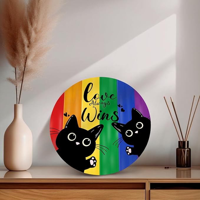 Gay Pride Love Always Wins Front Door Sign Rainbow LGBTQ Black Cat Lesbian Pansexual Wooden Door Hanger Outdoor Indoor Porch Signs Decor Pride Month Indoor Wall Hanging Decoration