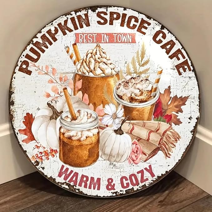 Metal Retro Shell Gasoline Wall Art, Creativity Art Decorations, Garden Sign Outside Decor，Wall Sculpture， Hanging Sculpture for Living Room Dining Room Bedroom Yard Outdoor Decor (Halloween Pumpkin Cafe)