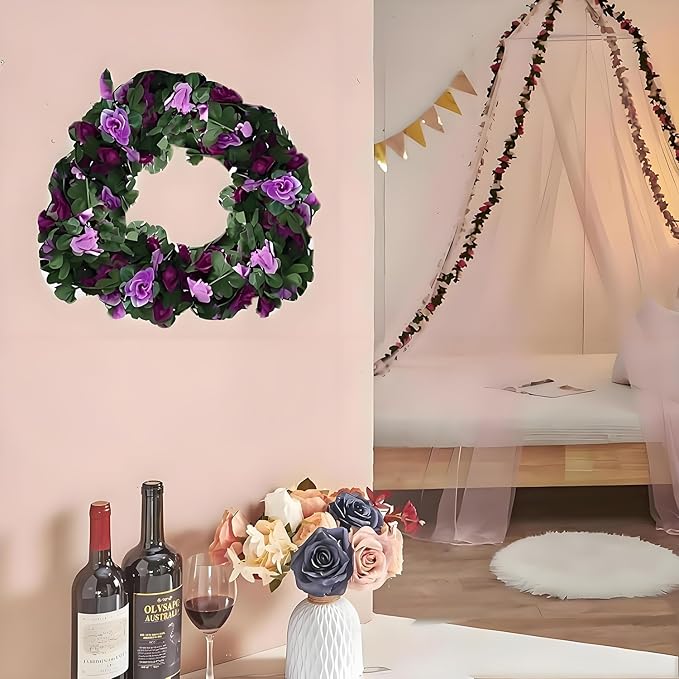 5 Pcs 8FT Flower Garland Artificial Flowers for Outdoors Fake Rose Vine Ivy Silk Flowers for Decoration/Anniversary/Wedding Birthday/Christmas/Home Decor/Garden Decor (Purple)
