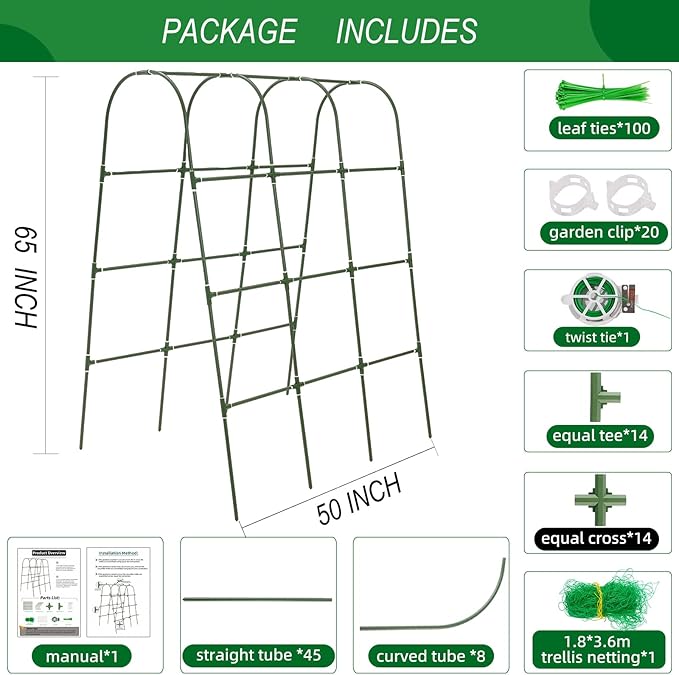 65"×50" Cucumber Trellis for Raised Bed,Tall Metal Arch Garden Trellis for Climbing Plants Outdoor,Vegetables,Plant Support Peas,Fruit,Flower,Grape,Tomato, Bean