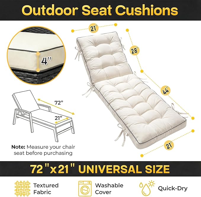 2 Pack 72x21 Inch Folding Chaise Lounge Cushion Quick Dry - Outdoor Sun Lounger Seat Pad with Shredded Foam for Patio Furniture, Deck Chairs, Poolside (Cream, 72 INCH × 21 INCH-2 Pack)
