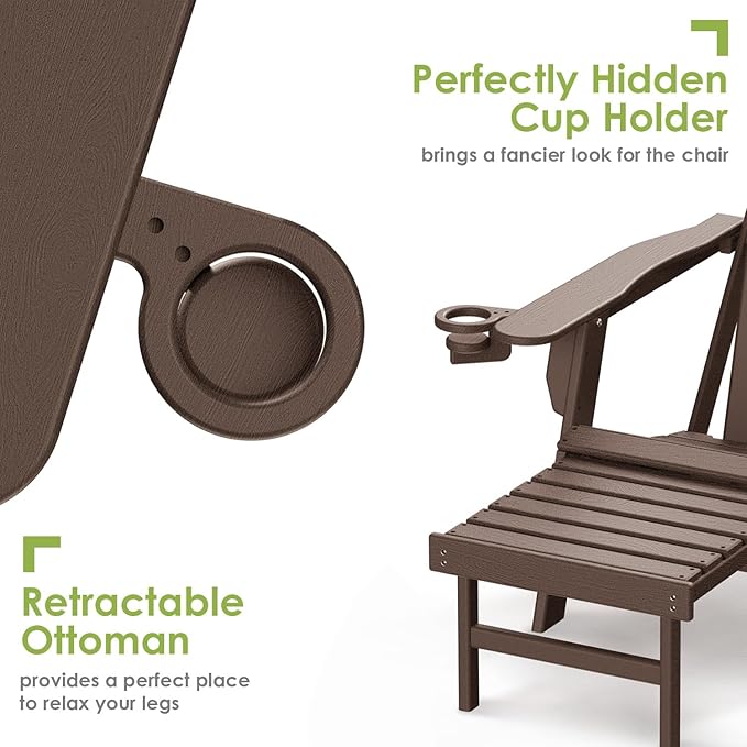 GREENVINES Adirondack-Chairs-with-Ottoman | Set of 2 | Wood Grain | Dark Brown | Folding | Retractable-Footrest | HDPE Plastic | All Weather Fire Pit Chair | Cup Holders | for Outdoor Poolside