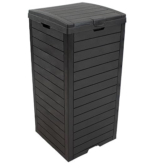 Sunnydaze 39-Gallon Patio Trash Can with Lid - Outdoor Garbage Can with Built-in Drip Tray - Weather-Resistant Resin - Black