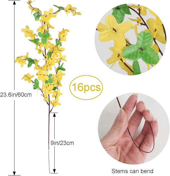 16Pcs Artificial Forsythia Branches: 23.6" Silk Yellow Flowers Faux Forsythia Branches Fake Spring Flowers Artificial for Decoration Wedding Office Home Party Dining Table Vase Indoor Outdoor
