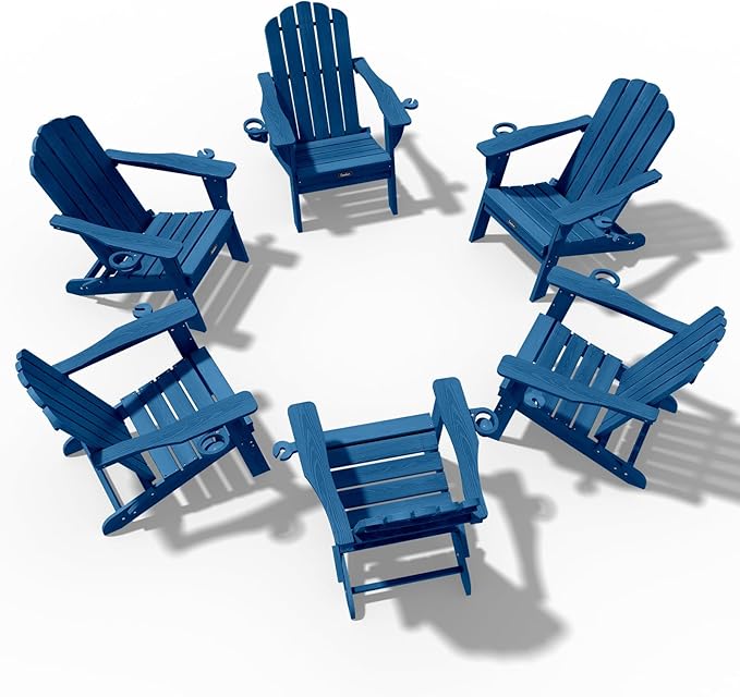 Adirondack Chairs Set of 6, HDPE Material Fire Pit Chairs, Plastic Adirondack Chairs with 2 Cup Holder, Outdoor Lawn Chair for Patio Garden,NavyBlue