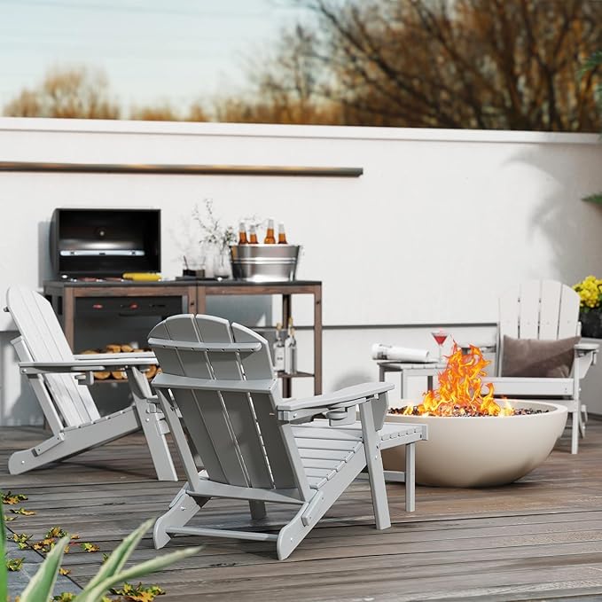 GREENVINES Adjustable Adirondack Chair with Retractable Ottoman Set of 2 | Folding | HDPE Plastic | Fire Pit Chairs w/Foot Rest | 2 Cup Holders | White | for Outdoor Patio Poolside Deck