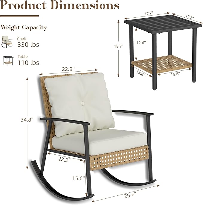 LEX CRAFT 3 Piece Outdoor Rocking Chairs, Outdoor Patio Furniture Set with Thick Cushion and Coffee Table, Rattan Rocking Bistro Set for Grand Porch Balcony Garden