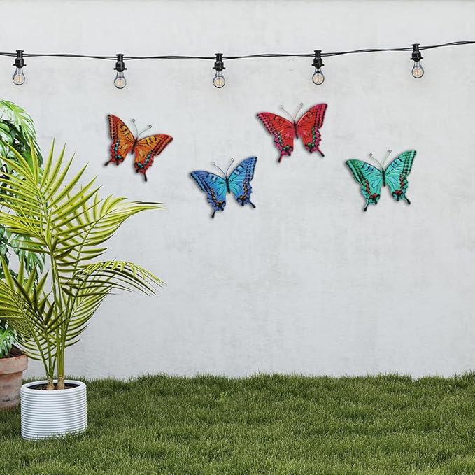 4 Pack Butterfly Wall Decor Art, Vivid Butterflies Outdoor Metal Wall Art with Colorful Pattern, Outdoor Garden Yard Fence Patio Decor Gift for Women Mom