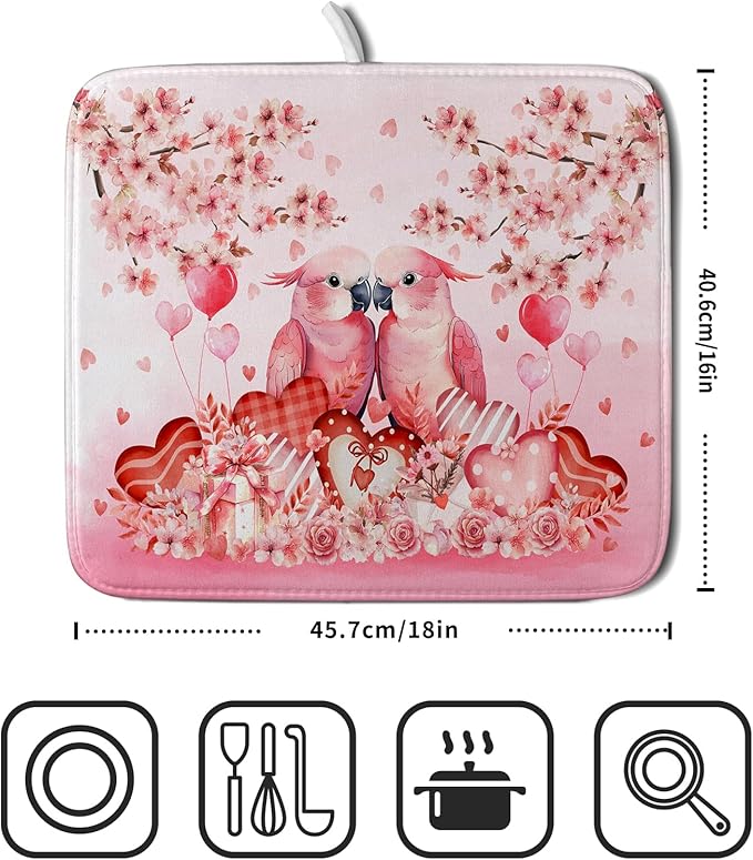 Small Holiday Dish Drying Mat Pink Love Bird Absorbent Coffee Bar Mat for Decoration 16 X 18 In