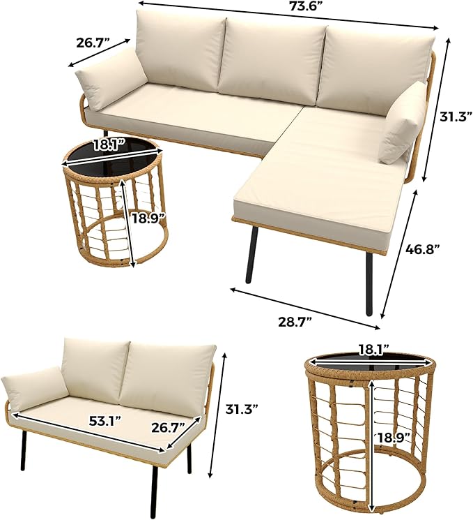 IDEALHOUSE 3-Piece Patio Furniture Set, All Weather Rattan Sofa with Tempered Glass Coffee Table and Thick Cushions, Sectional L-Shaped Patio Furniture for Deck, Poolside, Backyard, or Porch, Beige