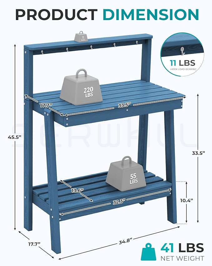 SERWALL Potting Bench Outdoor with Storage, 3-Tier HDPE Gardening Table with Angled Legs & Tool Hooks, All-Weather Heavy Duty Potting Table for Patio, Backyard, Garden, Blue