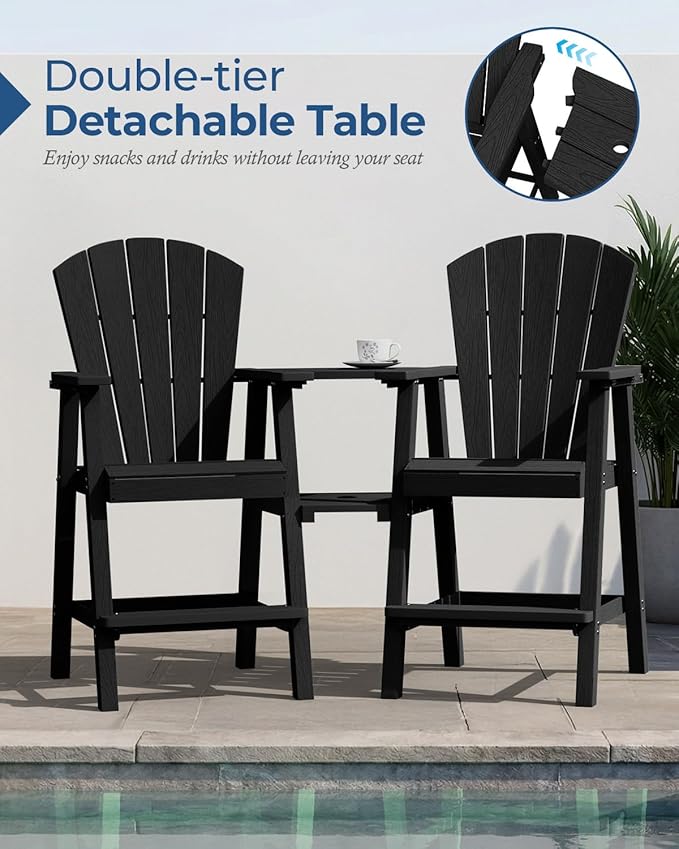 Ciokea Tall Adirondack Chairs Set of 2, HDPE Outdoor Adirondack Bar Stools with Double Connecting Tray, Weather Resistant High Back Adirondack Balcony Chairs for Deck, Lawn, Pool, Backyard, Black
