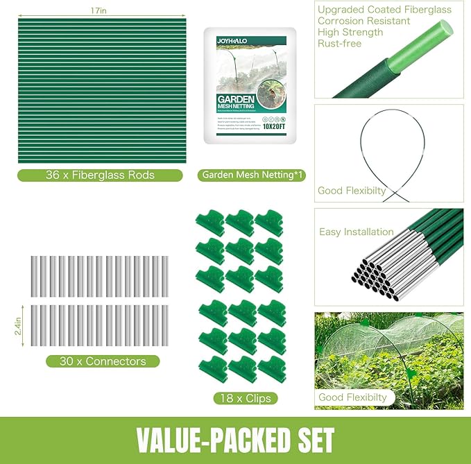 joyhalo 36pcs Garden Hoops for Raised Beds, Garden Mesh Netting Kit with 10x20 Ft Net, Bird & Cicada Netting for Trees, Garden Mesh Protection for Greenhouse, Vegetable, 18 Clips Included
