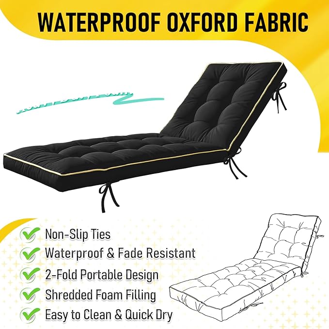 80x26 Inch Folding Chaise Lounge Cushion Quick Dry - Outdoor Sun Lounger Seat Pad with Shredded Foam for Patio Furniture, Deck Chairs, Poolside (Black, 80 INCH × 26 INCH)