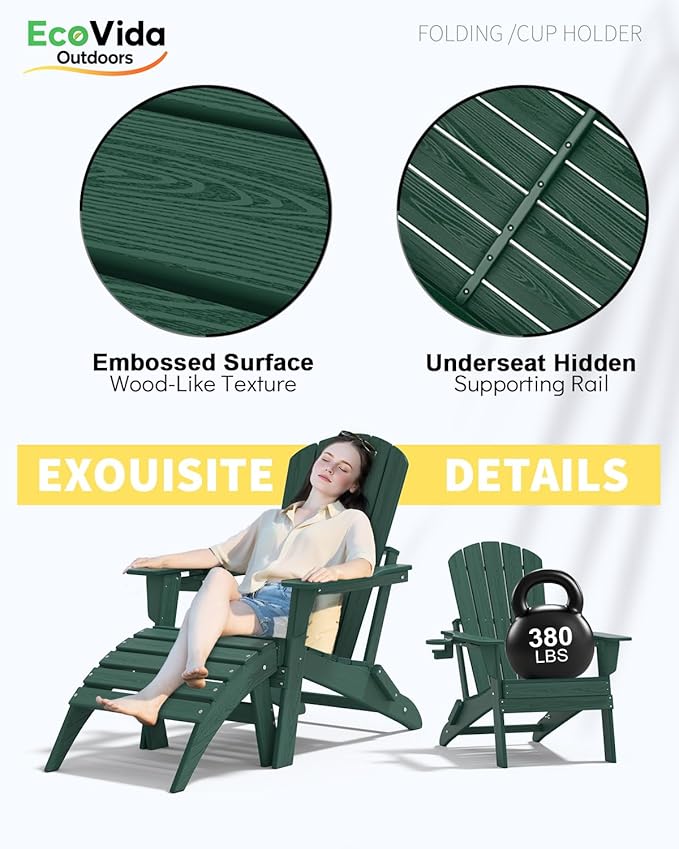 Oversized Folding Adirondack Chair - HDPE All-Weather Outdoor Chair with Cup Holder, 380LB Weight Capacity, UV Protected, Green