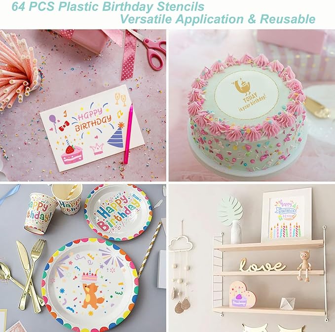Birthday Stencils for Painting, 64PCS 3x3 Plastic Stencils for Crafts Reusable with Cake & Bear Patterns, Perfect for DIY Cards, Gifts & Party Decorations