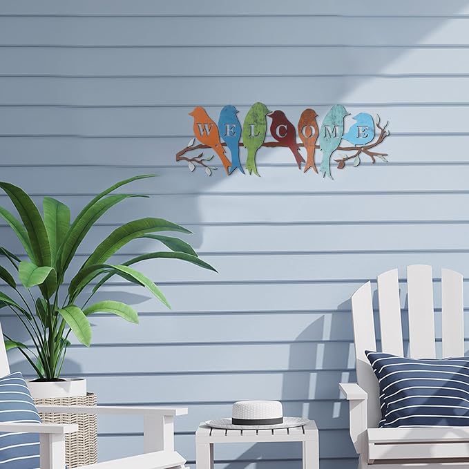 Peryiter Bird Wall Art Birds on Branch Welcome Sign Hanging Outdoor Metal Wall Decor Welcome Signs for Porch Vivid Statue Welcome Wall Decor Tree Silhouette for Bedroom Garden(Rustic Colors)
