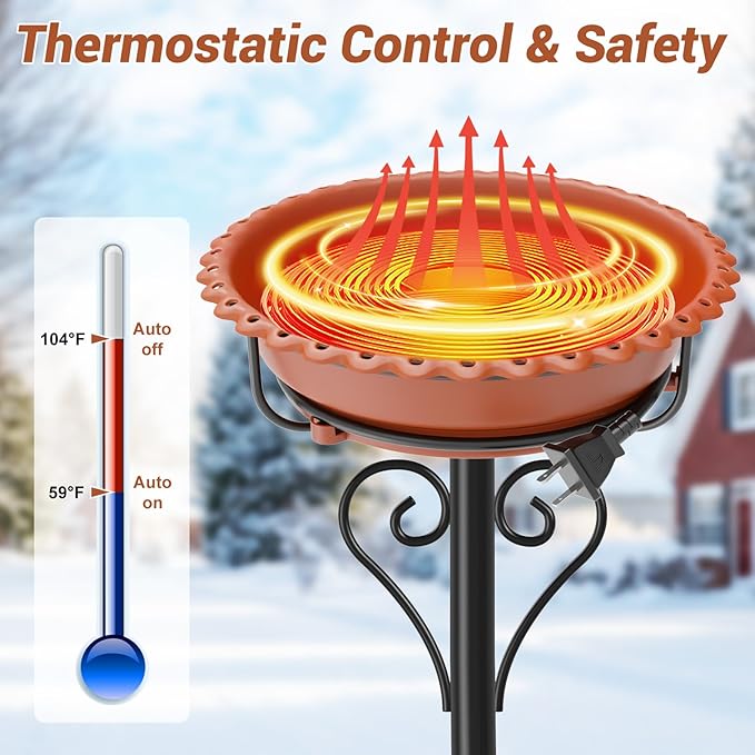 Heated Bird Bath for Outside Winter, Powerful 100W Thermostat Control Water Heated BirdBaths Bowl for Outdoors with 5-Prong Metal Base Heated Bird Bath for Garden Patio Yard Lawn (Brown)