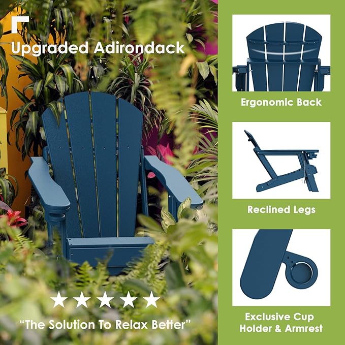 GREENVINES Adirondack-Chairs-with-Ottoman | Set of 2 | Folding | Retractable-Footrest | HDPE Plastic | All Weather Fire Pit Chair | Cup Holders | Blue | for Outdoor Poolside
