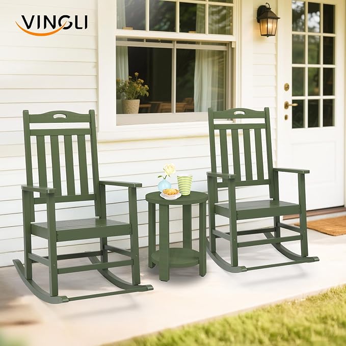 VINGLI Outdoor Rocking Chair with Footrest, Wooden Rocking Chair with 450 LBS Weight Capacity, Patio Rocker with Comfortable Backrest for Garden, Yard (Dark Green, 1PC)
