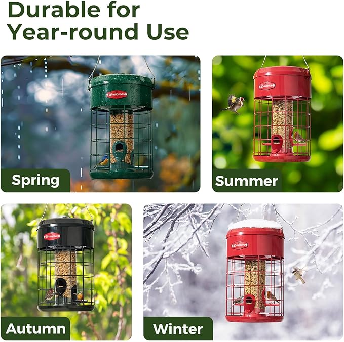 Kingsyard Upgraded Squirrel Proof Caged Bird Feeder for Outdoor Hanging - Additional Storage Tube Bird Feeder with 4 Feeding Ports & Perches, Easy to Clean & Refill. Black