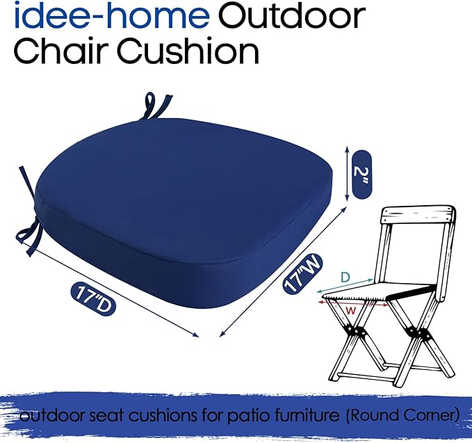 idee-home Outdoor Chair Cushions Set of 2, 17" x 17" x 2" Thick D-Shaped Patio Furniture Outdoor Seat Cushions Waterproof with Ties, Dining Pads