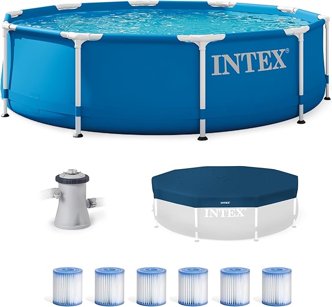 INTEX Pool Metal Frame 10'x30" Round Outdoor Swimming Pool Set with 330 GPH Filter Pump, Pool Cover, and Type H Filter Cartridge Replacements (6 pack)