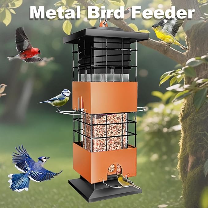 Squirrel Proof Bird Feeder,3Lbs Metal Birdfeeders Squirrel Proof with 4 Feeding Ports for Outside, Birds Seed Feeder for Outdoors, Cardinal, Finch, Sparrow (Brown)