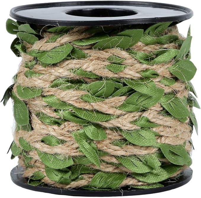 Natural Jute Twine with Green Leaf - 33 Feet (10 Meters) | Decorative Garden String for Gift Wrapping, Crafts, Wedding Decor