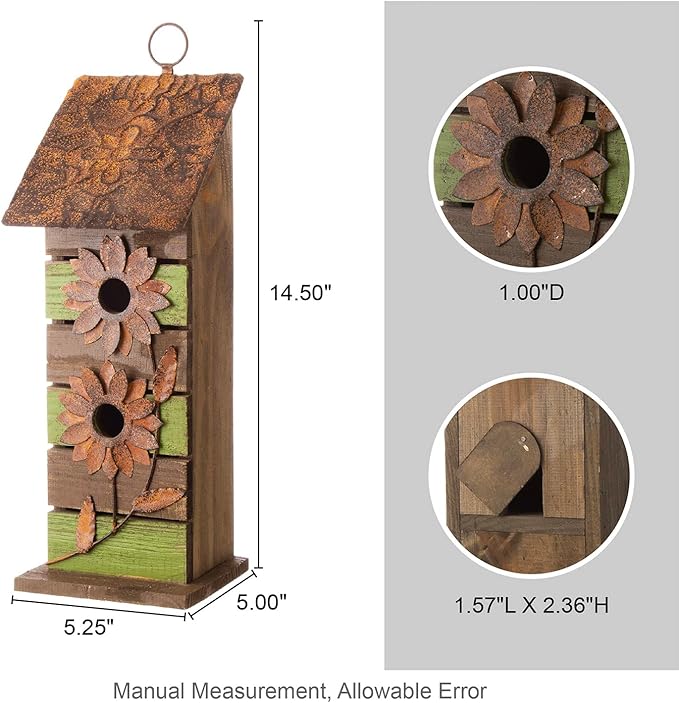 Glitzhome Bird Houses for Outside, 14.45" H Wooden Garden Hanging Bird House Two-Tiered Distressed with Flowers Decorative Birdhouse for Outdoors
