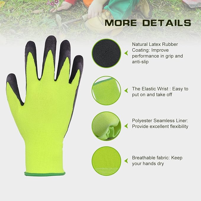 HANDLANDY 3 Pairs Kids Gardening Gloves Latex Free, Nitrile Coated Children Toddler Garden Yard Work Gloves for Little Girls Boys 5-6 (Size M, Black-Green)