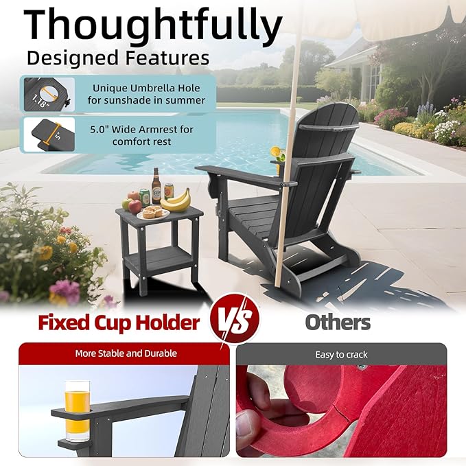 Fire Pit Chairs, HDPE Folding Adirondack Chairs Weather Resistant, Composite Foldable Adirondack Patio Chair with Cup Holder and Umbrella Hole, Grey