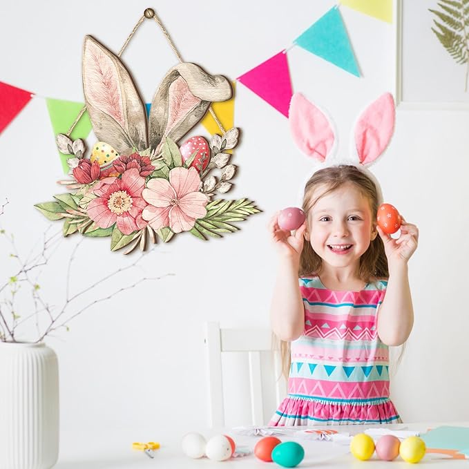 Juexica Easter Door Sign Bunny Ear Hanging Decor Easter Flower Wooden Sign Wall Hanging Decorations for Front Door Wood Porch Decor Wall Pediments